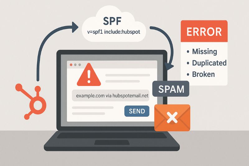 Illustration of the email sending process with SPF Record authentication, highlighting error causes like missing, duplicated, or broken records and spam marking on a laptop screen—all essential for successful inboxing via platforms like HubSpot.