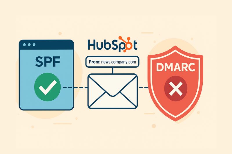 Diagrama mostrando o SPF como uma verificação aprovada com o registro SPF correto do HubSpot, o HubSpot enviando um e-mail de news.company.com e o DMARC como uma verificação com falha marcada com um X - destacando possíveis erros de configuração que afetam a caixa de entrada.