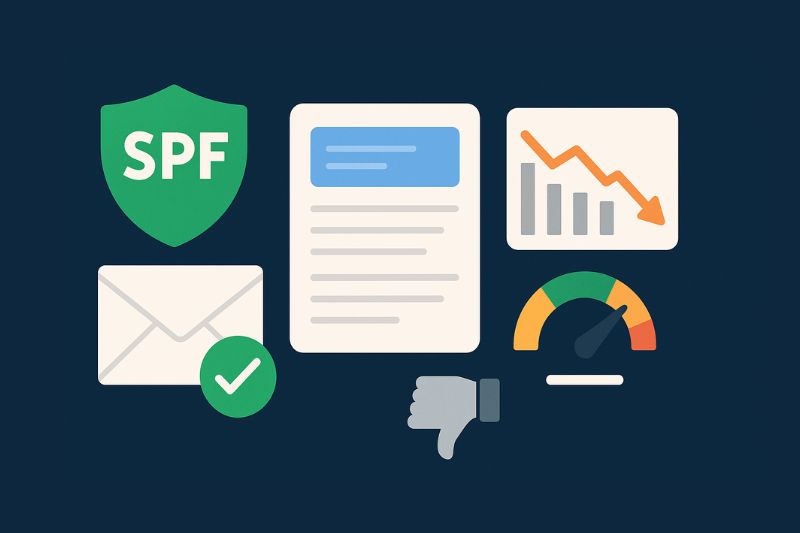 Ilustração que mostra um escudo SPF, um envelope marcado, um documento, um gráfico em declínio, um velocímetro e um ícone de polegar para baixo em um fundo escuro - destacando problemas de caixa de entrada devido à configuração incorreta do registro SPF da HubSpot.