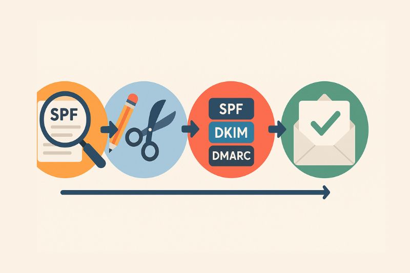 Diagrama ilustrando as etapas de autenticação de e-mail: revisão do seu registro SPF, edição de configurações no HubSpot, adição de SPF/DKIM/DMARC e confirmação de caixa de entrada segura com um envelope marcado.