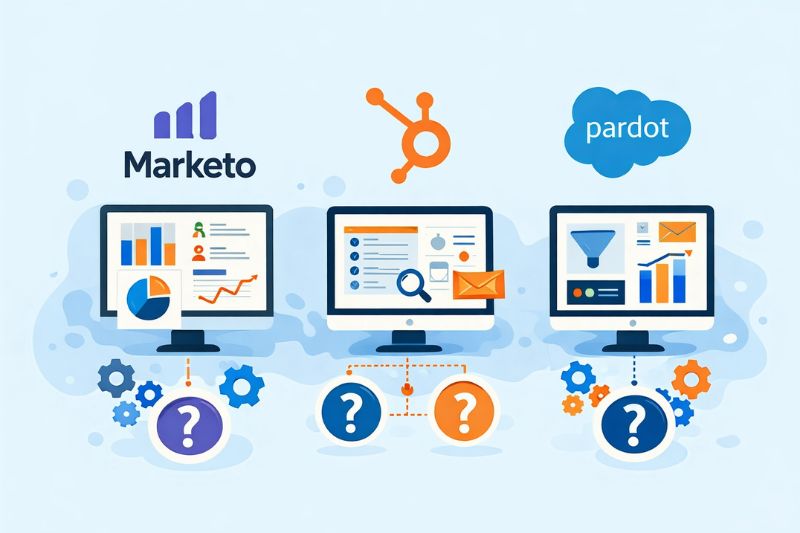 Three computer screens display analytics dashboards beneath the HubSpot, Marketo, and Pardot logos, with gears and question marks underneath each screen.