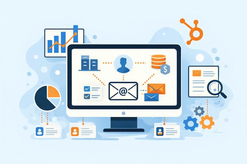 Illustration of a computer monitor displaying email and user icons, surrounded by charts, databases, gears, and data symbols, representing digital marketing platforms like Marketo and data management.