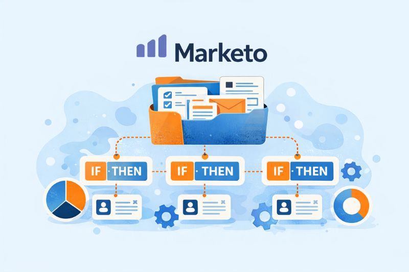 Illustration showing the Marketo logo above a folder with documents, connected to IF-THEN logic boxes and data charts, representing Marketo marketing automation workflows.