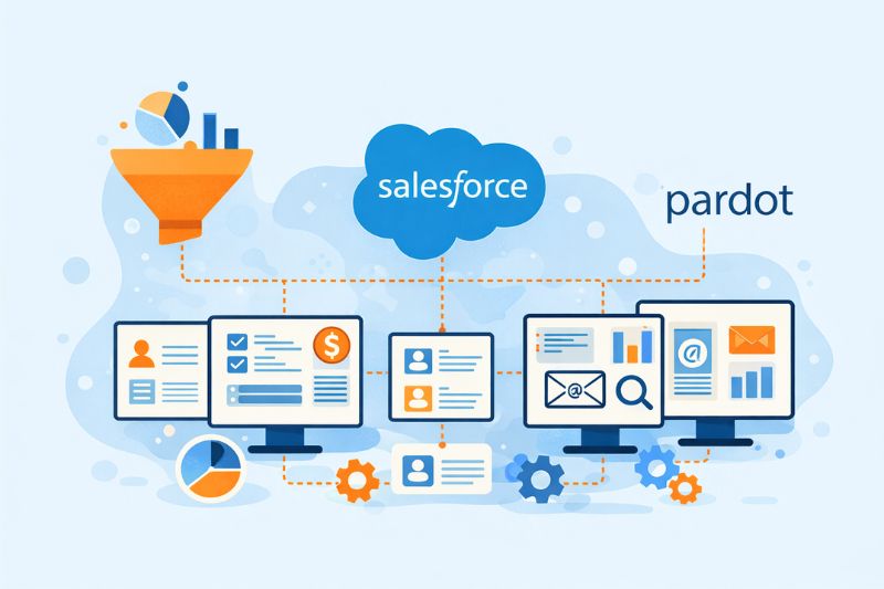 Illustration of Salesforce and Pardot integration showing data flow between dashboards, charts, and user profiles on computer screens, connected by dotted lines and icons—highlighting seamless marketing automation like HubSpot.