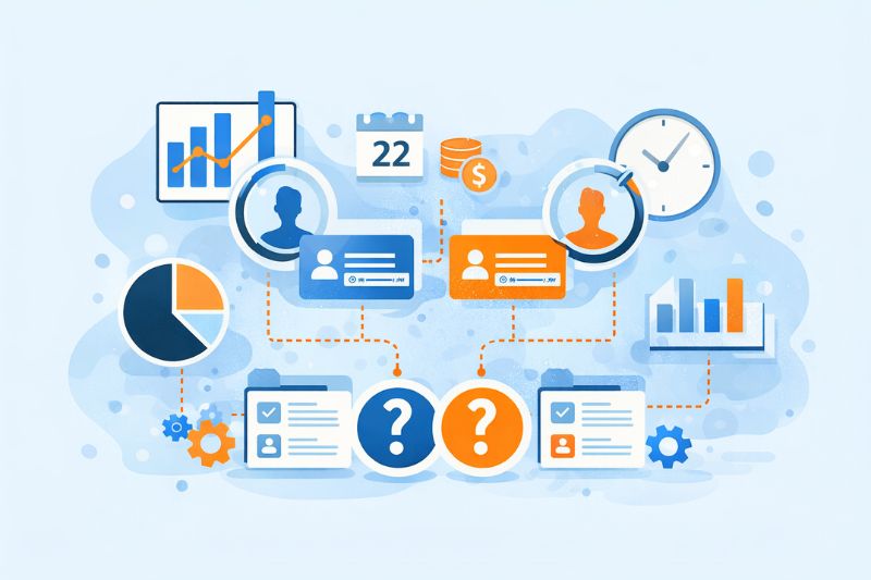 Illustration showing charts, graphs, profiles, question marks, calendar, clock, coins, and gears connected by dotted lines, representing data analysis and decision-making with Pardot or HubSpot.