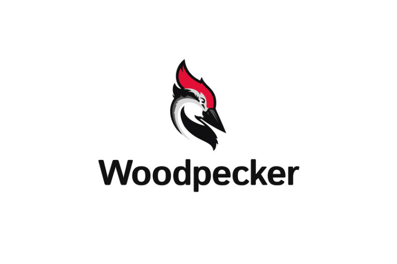 Ilustración estilizada de la cabeza de un pájaro carpintero en negro, blanco y rojo sobre la palabra
