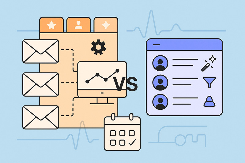 Illustration comparing two software dashboards: one with Smartlead's email, chart, and calendar icons, and the other featuring user profiles and filter options, separated by a "VS" in the center.