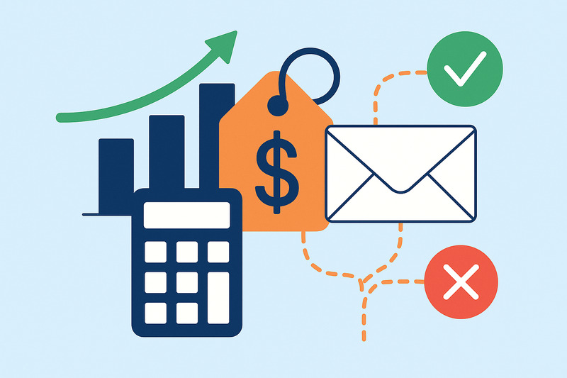 Ilustração de uma calculadora, um gráfico de barras, uma etiqueta de preço com um cifrão, um envelope, uma marca de seleção verde e um X vermelho - representando como o Cold Email Software da Smartlead ajuda você a tomar decisões financeiras instantaneamente.
