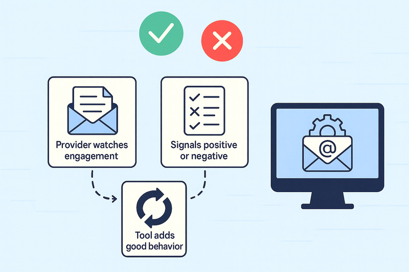 Diagrama mostrando: o provedor monitora o envolvimento, detecta sinais positivos ou negativos, o Smartlead reforça o bom comportamento, com ícones e uma tela de computador exibindo um símbolo de e-mail. Perfeito para acompanhar o desempenho do software de cold email.