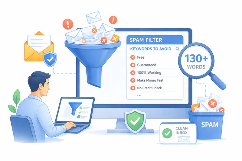 Illustration of a person at a computer using email marketing tools and a spam filter to sort emails with flagged spam filter keywords—highlighting over 130 spam words to avoid.