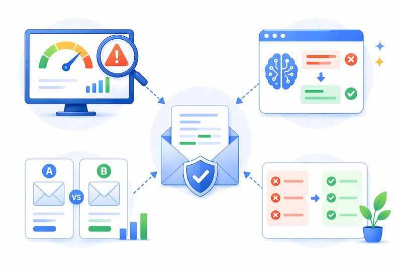 Illustration showing email security analysis with icons for threat detection, spam filter keywords, A/B testing, and secure communication, connected by arrows around a central envelope.