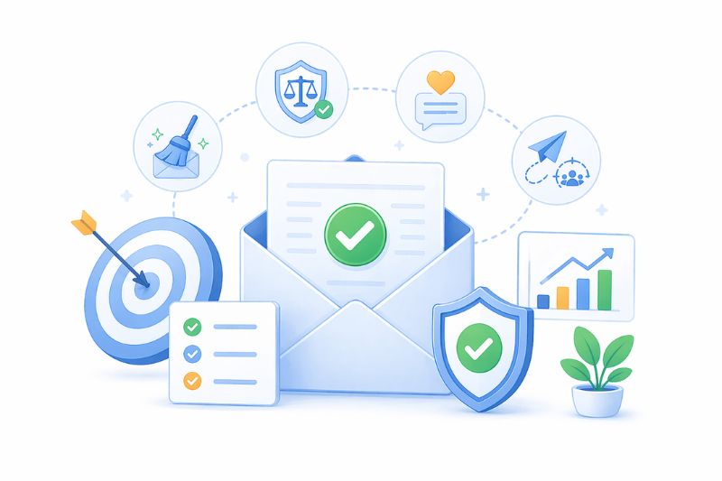 An open envelope with a checkmark document surrounded by icons for security, growth, checklist, law, messaging, and a target with an arrow, representing successful business communication and effective email marketing.