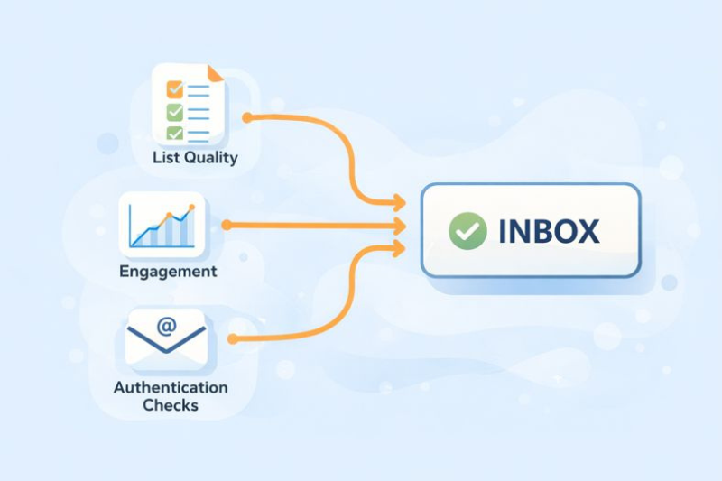 Tres factores -calidad de la lista, compromiso y comprobaciones de autenticación- se muestran con flechas que apuntan a una bandeja de entrada, resaltando su importancia para el éxito de la entrega del correo electrónico y ayudando a evitar el spam o a prevenir problemas de correo no deseado.