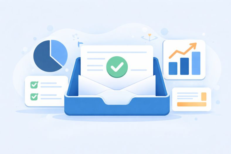 Una ilustración de una bandeja de entrada con una letra marcada, rodeada de tablas, una lista de comprobación y un gráfico de barras ascendente, que destaca la productividad y la importancia de evitar el spam en los correos electrónicos evitando las palabras desencadenantes de spam.