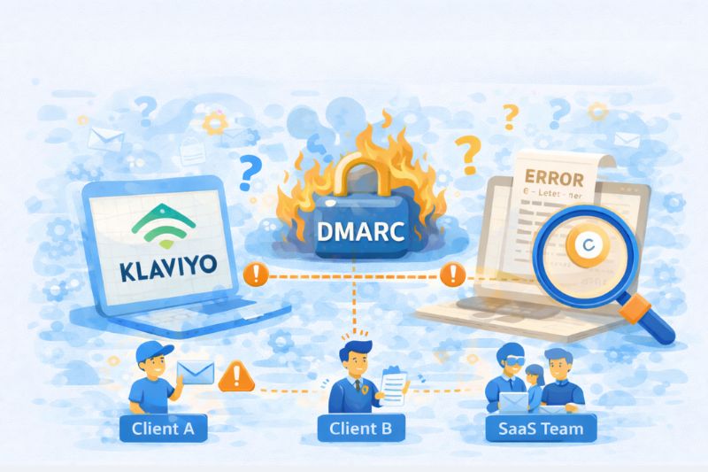 Illustration showing a DMARC error lock on fire between Klaviyo, an error message, and three clients, implying email authentication issues and communication problems.