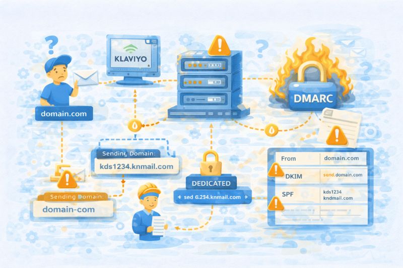 Ilustración que muestra conceptos de seguridad del correo electrónico: servidores, dominios, IP dedicadas y protocolos DMARC, DKIM y SPF, además de iconos de advertencia que resaltan problemas como un error DMARC o problemas de autenticación de correo electrónico de Klaviyo.