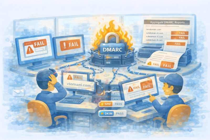 Ilustración de personal de TI revisando informes de errores DMARC en ordenadores que muestran múltiples mensajes