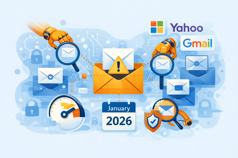 Robotic arms examine email envelopes and security symbols with Yahoo and Gmail logos, highlighting a warning symbol and a News January 2026 calendar date, emphasizing Email Deliverability concerns in a digital security enforcement update.