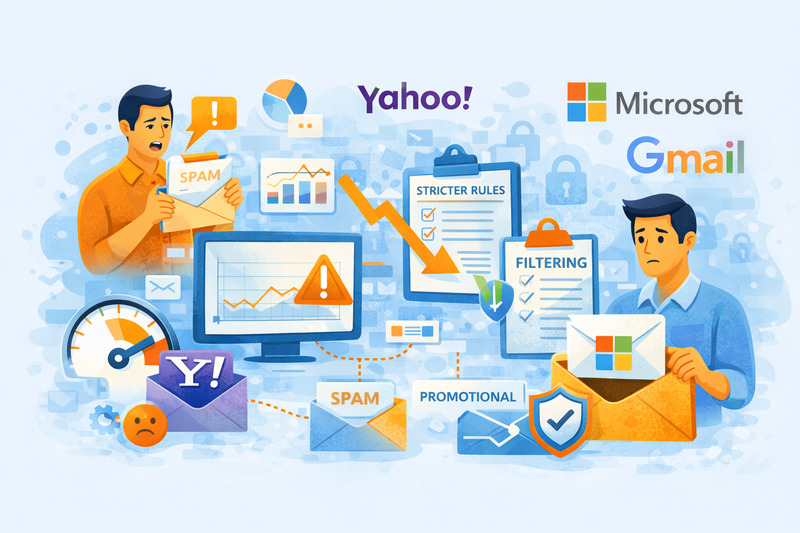 Dos personas analizan el filtrado de correo electrónico, la detección de spam y la entregabilidad del correo electrónico mediante gráficos; aparecen logotipos de Yahoo, Microsoft y Gmail entre los iconos de spam, normas más estrictas, filtrado y correos electrónicos promocionales.
