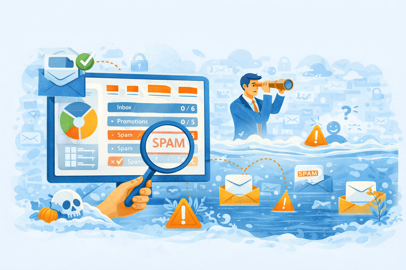 Ilustración de una persona buscando spam en los correos electrónicos, con una pantalla que muestra carpetas de correo electrónico, alertas de spam y sobres marcados con símbolos de advertencia, lo que pone de relieve una Actualización de la Aplicación de la Entregabilidad del Correo Electrónico en enero de 2026.