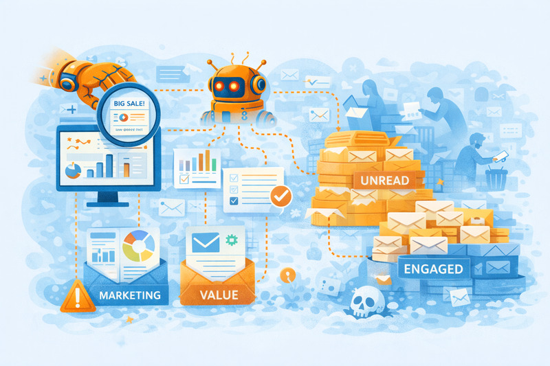 Ilustración de la automatización del marketing por correo electrónico para las Noticias de Enero de 2026, con robots, gráficos de datos y sobres para resaltar el flujo de trabajo, el compromiso y la mejora de la entregabilidad del correo electrónico.