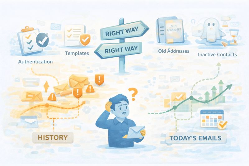 Uma ilustração mostra uma pessoa confusa segurando uma carta, cercada por ícones rotulados como autenticação, modelos, histórico, e-mails de hoje, endereços antigos e contatos inativos - todos fatores que podem afetar a capacidade de entrega de e-mails e melhorar a pontuação do remetente.