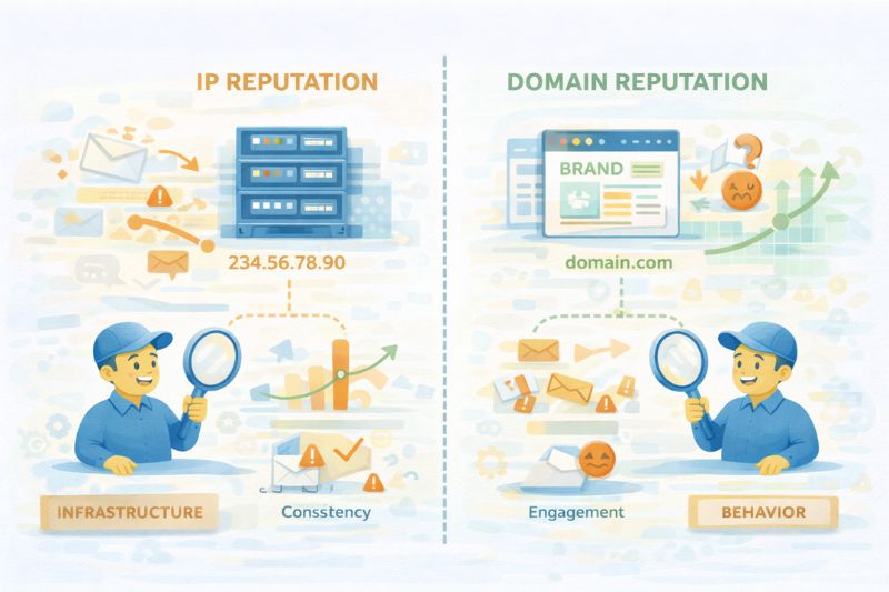 Ilustração comparando a reputação de IP e a reputação de domínio, com ícones e uma pessoa com uma lupa, destacando como o Sender Score e o envolvimento afetam a capacidade de entrega de e-mails.