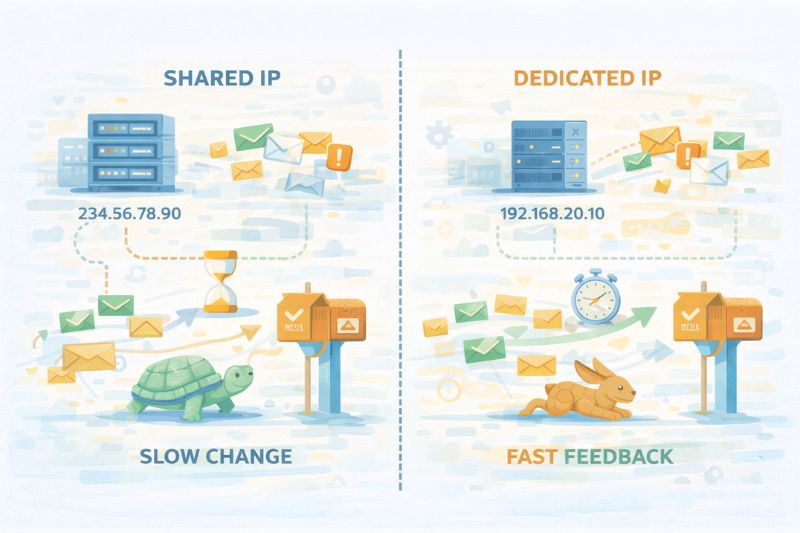 Ilustração comparando IP compartilhado com mudanças lentas (tartaruga) e IP dedicado com feedback rápido (coelho) na entrega de e-mails, mostrando como um IP dedicado pode melhorar o Sender Score e aprimorar a capacidade de entrega de e-mails usando servidores, IPs, caixas de correio e envelopes.