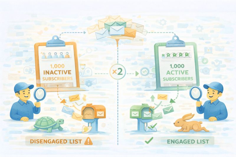 A ilustração mostra 1.000 assinantes inativos com uma tartaruga e um e-mail fechado, e 1.000 assinantes ativos com um coelho e um e-mail aberto, destacando como as listas engajadas podem melhorar a reputação e aumentar a capacidade de entrega de e-mails.