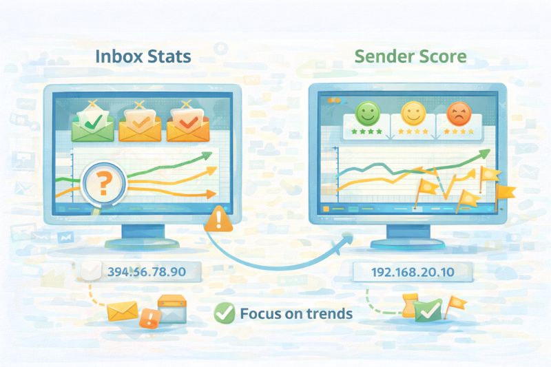 Duas telas de computador exibem estatísticas da caixa de entrada de e-mail e dados do Sender Score, com gráficos, linhas de tendência e vários ícones de status para monitorar a capacidade de entrega; uma seta destaca o foco nas tendências.