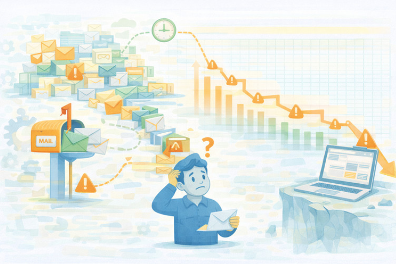 A person stands confused by a flood of Klaviyo emails in their inbox, while a downward graph on a laptop highlights how poor email deliverability can lead to overload and declining productivity.