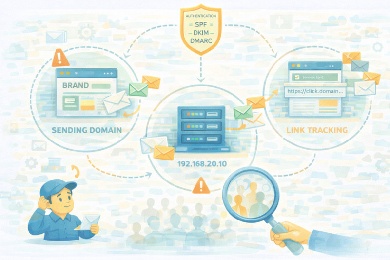 Illustration showing email authentication and tracking for better email deliverability, with sending domain, server IP, and link tracking interconnected, plus a person examining inbox flow with a magnifying glass—ideal for Klaviyo users.
