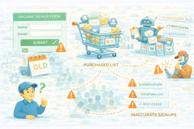 Illustration showing the risks of purchased email lists and inaccurate signups compared to an organic Klaviyo signup form, with warning icons highlighting potential inbox and email deliverability issues.