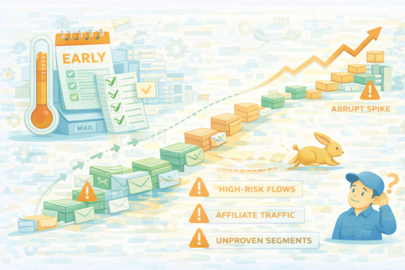 Illustration showing an abrupt spike in email volume, with warnings for high-risk flows, affiliate traffic, and unproven segments—highlighting potential Inbox issues and Klaviyo Email Deliverability challenges.