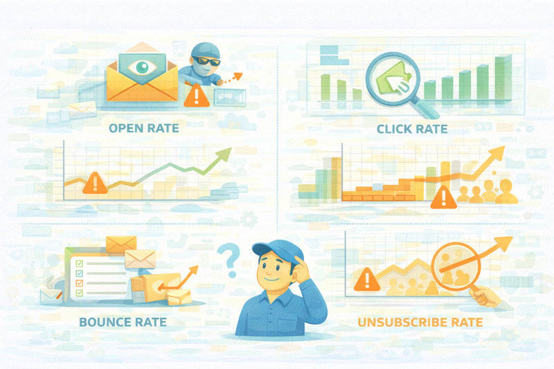 Infographic showing Klaviyo email deliverability metrics—open rate, click rate, bounce rate, and unsubscribe rate—with warning symbols and a person pondering below the charts about their inbox performance.