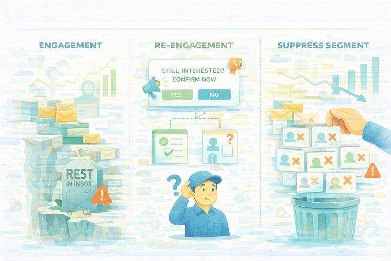 Illustration depicting email marketing strategies like engagement, re-engagement, and suppression, with envelopes, checkboxes, and contacts being sorted or deleted to enhance Klaviyo email deliverability and inbox placement.