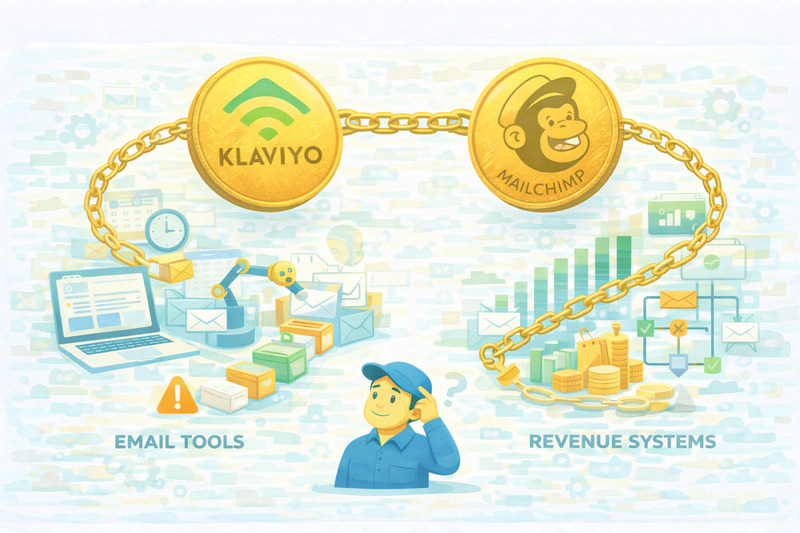 Illustration comparing Klaviyo and Mailchimp, showing email tools on the left and revenue growth model systems with charts and coins on the right, linked by a gold chain.