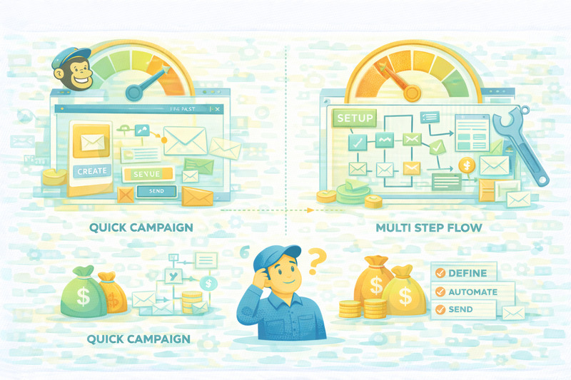 Illustration comparing "Quick Campaign" and "Multi Step Flow" email marketing setups with tools, money bags, and a person contemplating options like Mailchimp or Klaviyo for the best growth model.