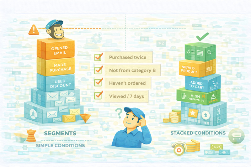 Illustration comparing simple segment conditions, like “opened email,” with stacked conditions, such as “viewed 7 days” plus “added to cart,” for customer filtering in Klaviyo’s growth model.