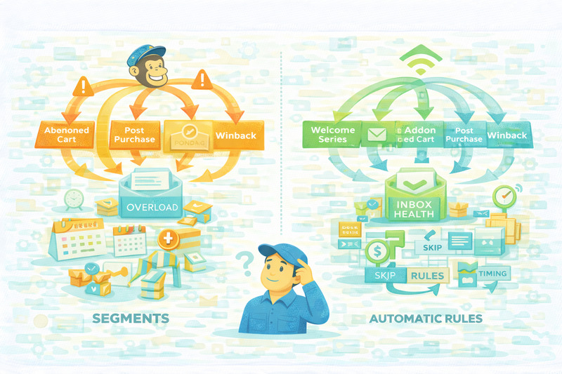 A comparison graphic shows manual email segments on the left and automated Mailchimp rules on the right, with a person considering both methods as part of their growth model.