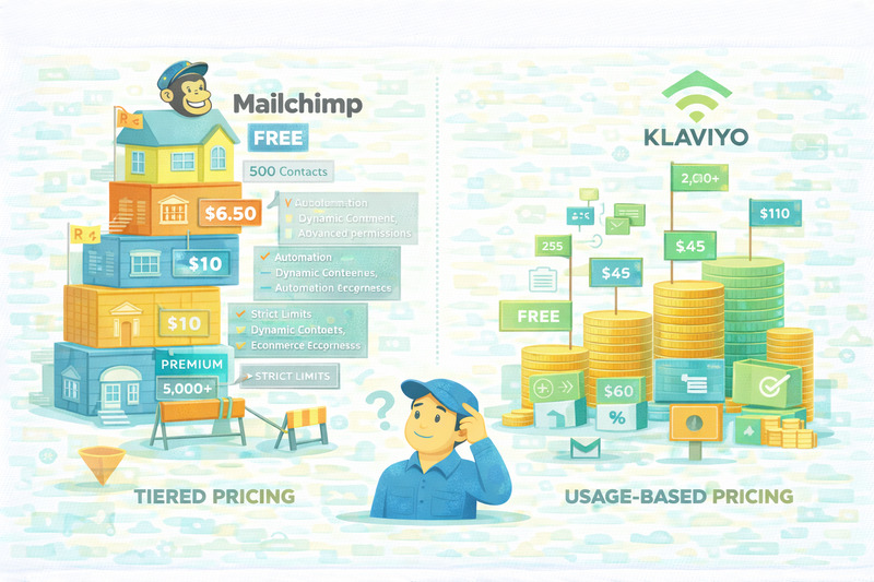 Mailchimp uses a growth model with tiered pricing based on contact numbers, while Klaviyo offers usage-based pricing—shown with stackable icons for houses and coins alongside price tiers.