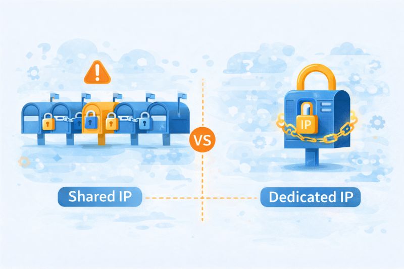 Ilustración que compara la IP compartida con varios buzones y una señal de advertencia con una IP dedicada -mostrada como un único buzón bloqueado con una cadena- pone de relieve cómo el DNS inverso y la entregabilidad del correo electrónico se ven afectados por la reputación del remitente.