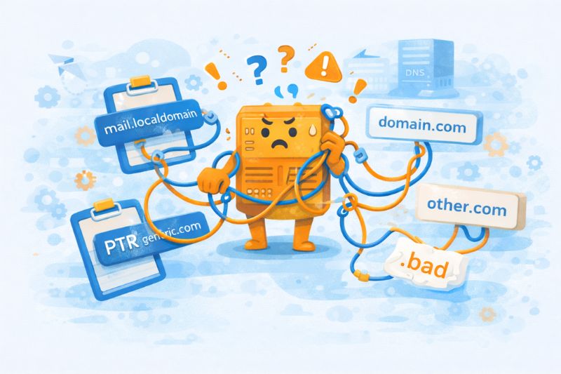 Ilustración de un servidor confuso enredado en cables de red, rodeado de registros DNS etiquetados como mail.localdomain, domain.com, PTR, other.com y .bad, que resaltan los problemas de DNS inverso que pueden afectar a la capacidad de entrega del correo electrónico.