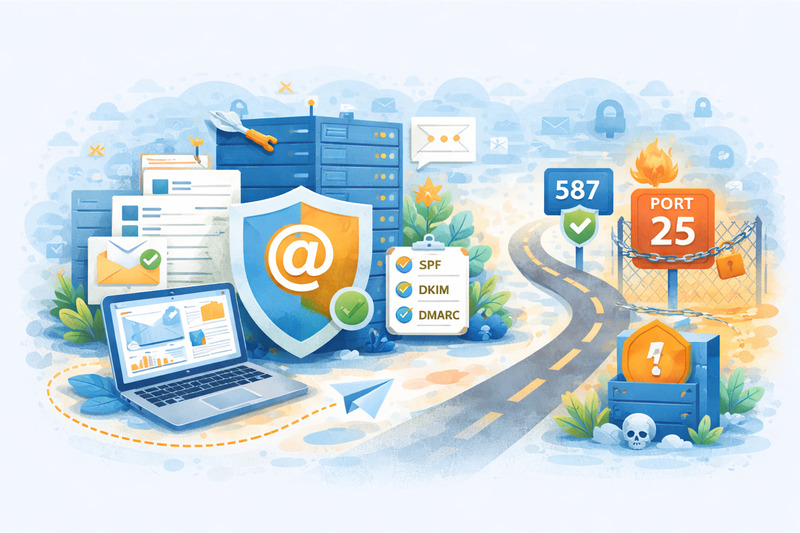 Illustration of email security concepts with a shield, server, laptop, checklists for SPF, DKIM, DMARC, and a road to port 25 blocked by a chain and padlock—highlighting the importance of proper SMTP server configuration for problem-free sending.