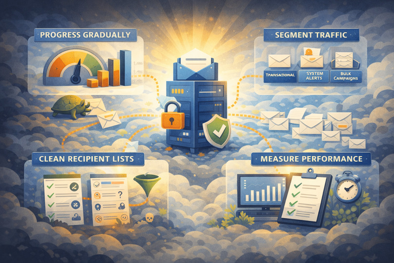 Ilustração mostrando as práticas recomendadas para envio sem problemas e capacidade de entrega de e-mail: progrida gradualmente, segmente o tráfego, limpe listas de destinatários, verifique a configuração do servidor SMTP e meça o desempenho - tudo com ícones e gráficos em uma configuração de nuvem.