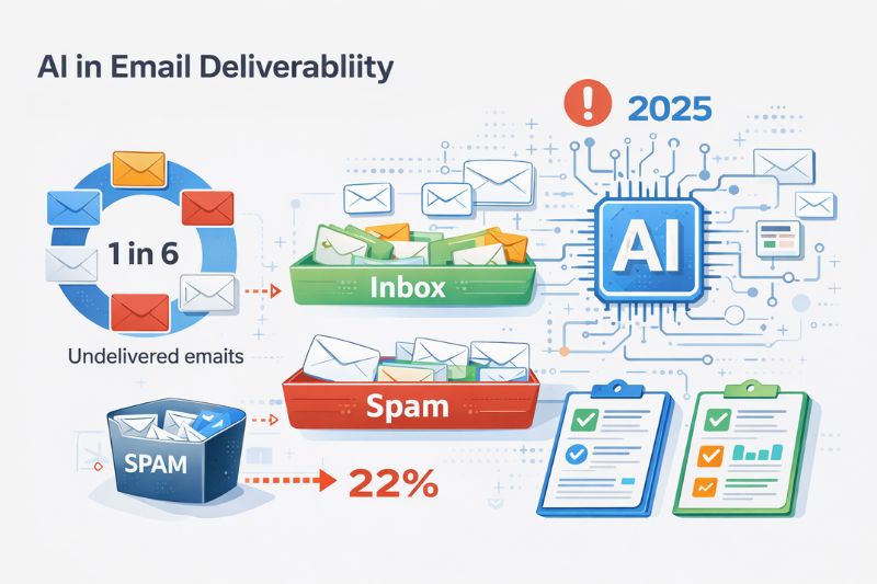 Infographic illustrating AI’s role in email deliverability; highlights include 1 in 6 emails missing the inbox, increasing spam rates, and expected improvements in deliverability by 2025.