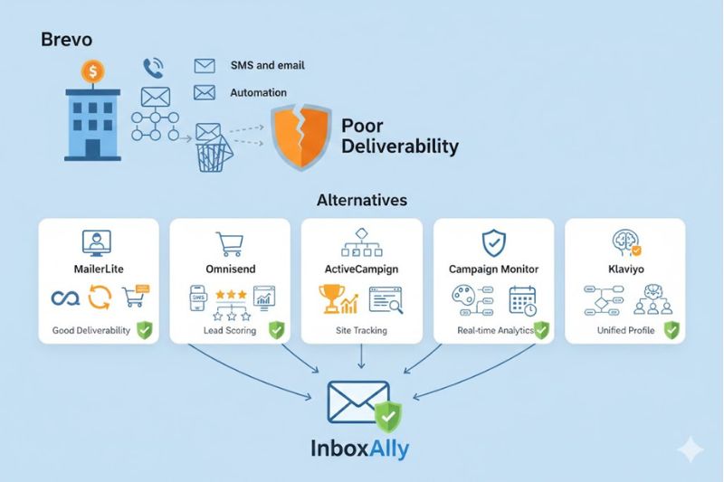 Infographic comparing Brevo’s poor deliverability with five alternatives, all connecting to InboxAlly for improved email performance and inbox placement, featuring icons and checkmarks for key email warmup features.
