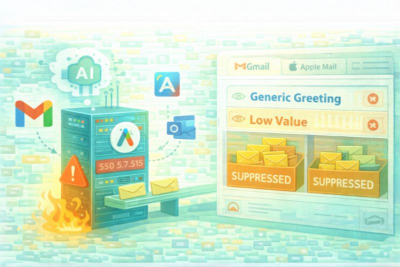 Ilustración de IA clasificando correos electrónicos en la Bandeja de entrada, con iconos de advertencia para saludos genéricos y de poco valor, y mensajes suprimidos que afectan a la Entregabilidad del correo electrónico en las interfaces de Gmail y Apple Mail a partir de febrero de 2026.