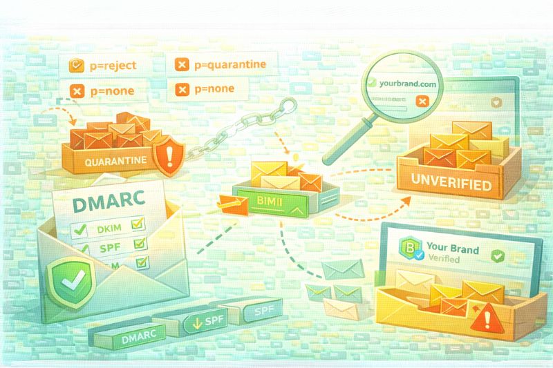 Ilustración que muestra los pasos de seguridad del correo electrónico: DMARC, DKIM, marcas de verificación SPF, correos electrónicos verificados BIMI, en cuarentena y no verificados, destacando la capacidad de entrega del correo electrónico para una comprobación efectiva de la realidad de la bandeja de entrada a partir de febrero de 2026.