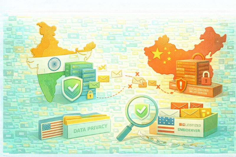 Ilustración que muestra el intercambio de datos entre India y China, los servidores, los iconos de privacidad, los símbolos de EE.UU. y un elemento de la Bandeja de Entrada, que pone de relieve la privacidad de los datos, los problemas de localización y los problemas de entregabilidad del correo electrónico a partir de febrero de 2026.